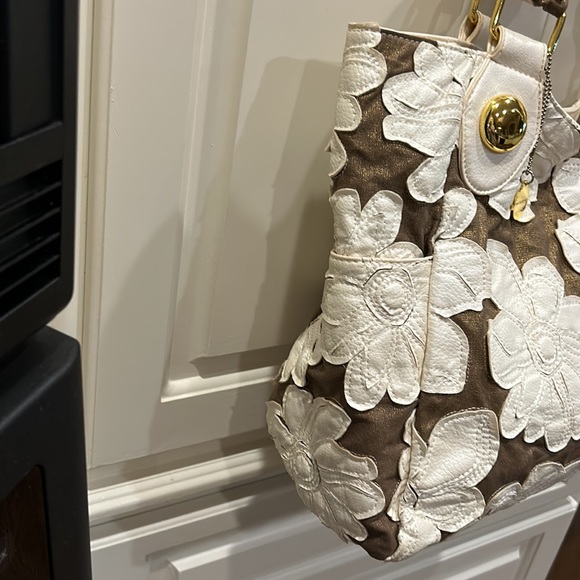 Like NEW! VINTAGE BIG Buddha Expresso brown w/ White Abstract flowers Bag - Picture 7 of 13